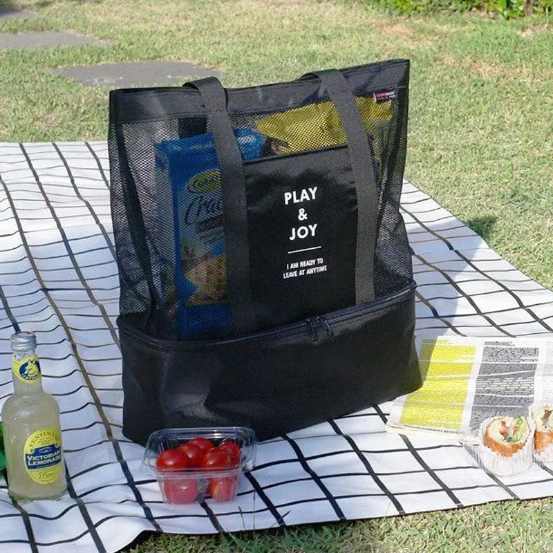 Bolsa de malha transparente de alta capacidade para mulheres, bolsa grande de praia para piquenique com preservação de calor de camada dupla