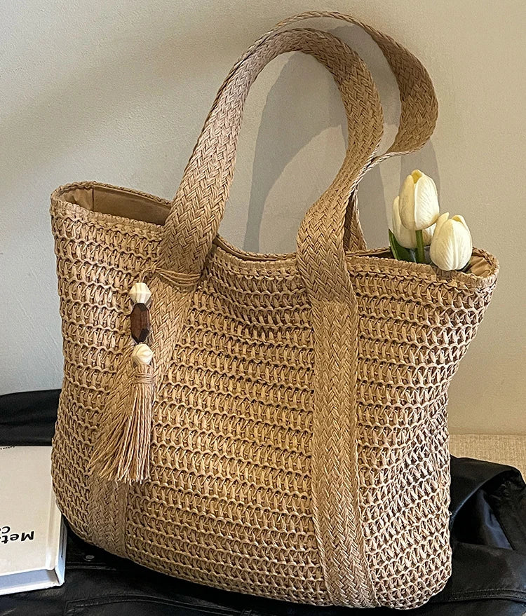 Bolsa de palha grande capacidade com pingente de franjas feito à mão ideal para Férias Praia Casual