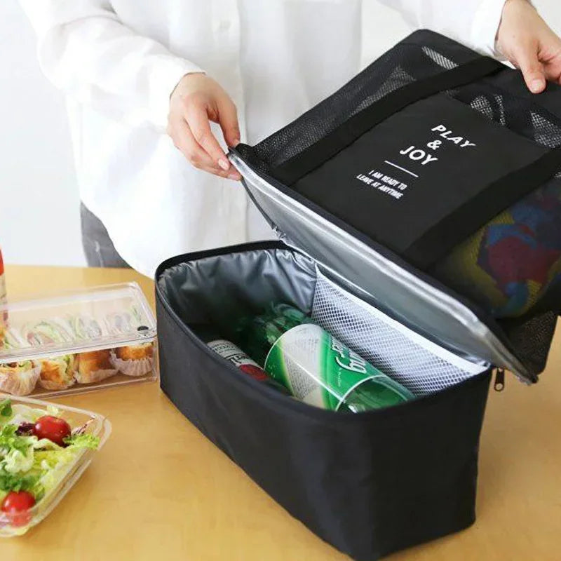 Bolsa de malha transparente de alta capacidade para mulheres, bolsa grande de praia para piquenique com preservação de calor de camada dupla