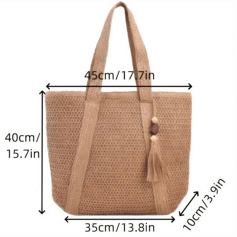 Bolsa de palha grande capacidade com pingente de franjas feito à mão ideal para Férias Praia Casual